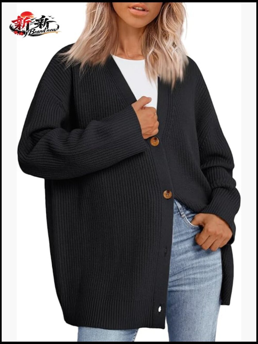 Oversized V-Neck Cardigan Sweater Button Front Open Knit